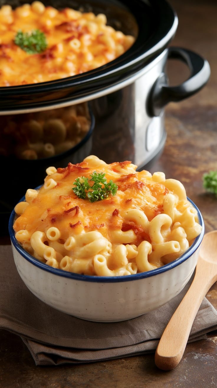 Creamy Crock Pot Mac and Cheese Recipe Creamy crock pot mac and cheese in a bowl, garnished with parsley, on a rustic table.