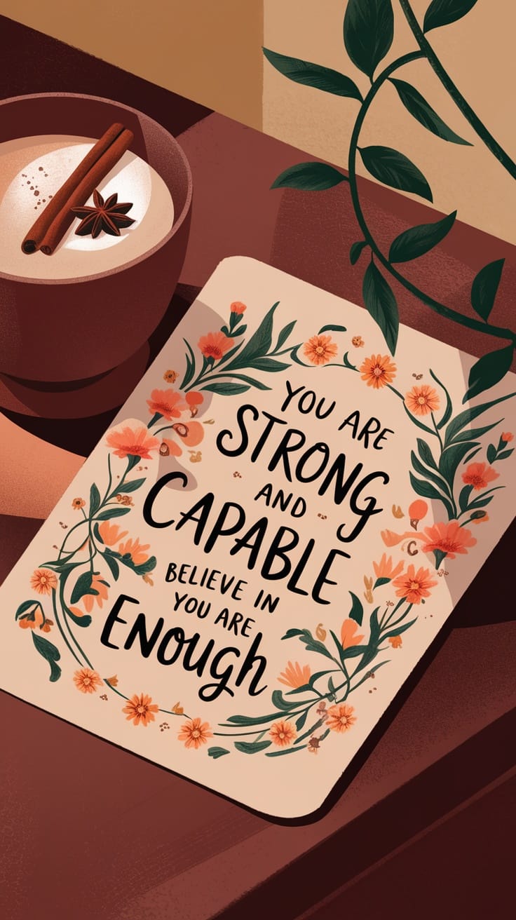 A cozy scene with a comforting drink and an affirmation card that says 'You are strong and capable. Believe in you are enough.'