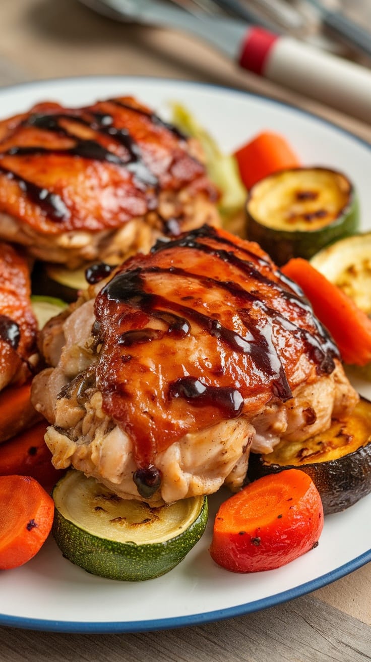 Balsamic glazed chicken thighs served with roasted vegetables