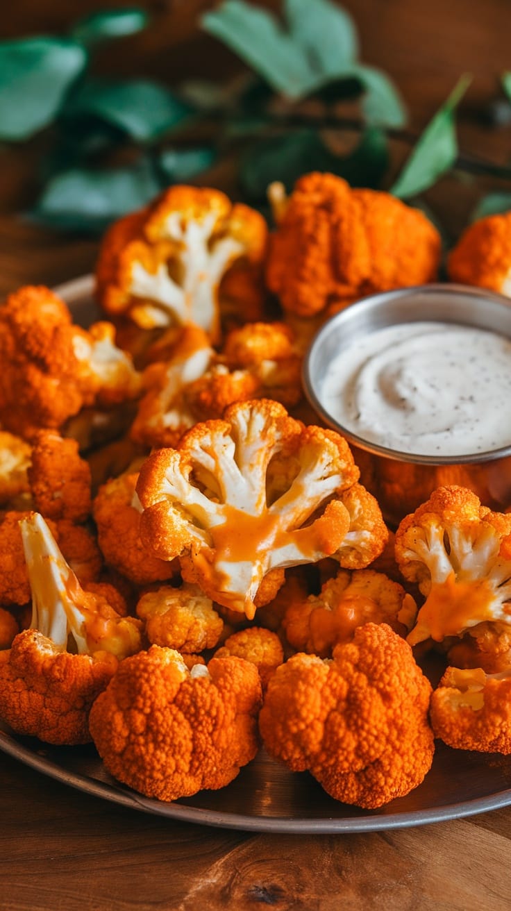 A plate of buffalo cauliflower bites with a small bowl of ranch dressing.