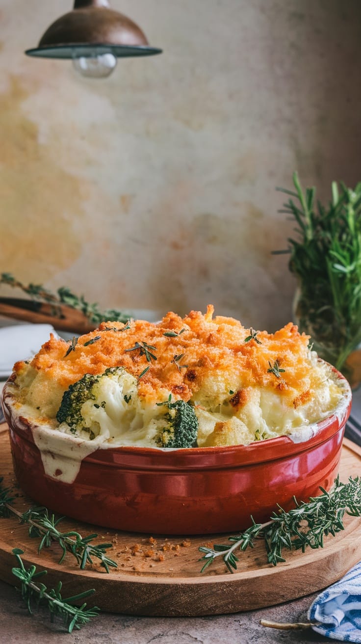 A cheesy broccoli and cauliflower casserole in a red dish, topped with crispy breadcrumbs.