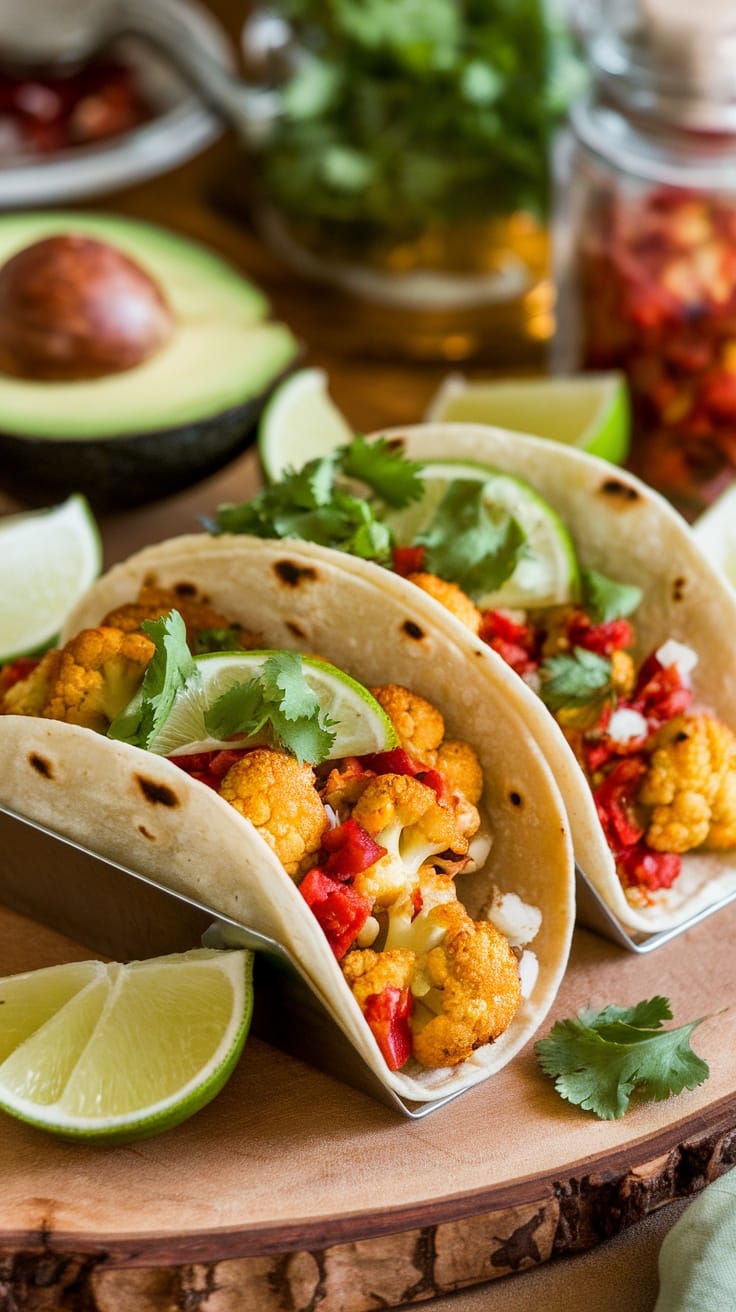 Chili lime cauliflower tacos on a wooden platter with lime wedges and fresh cilantro.