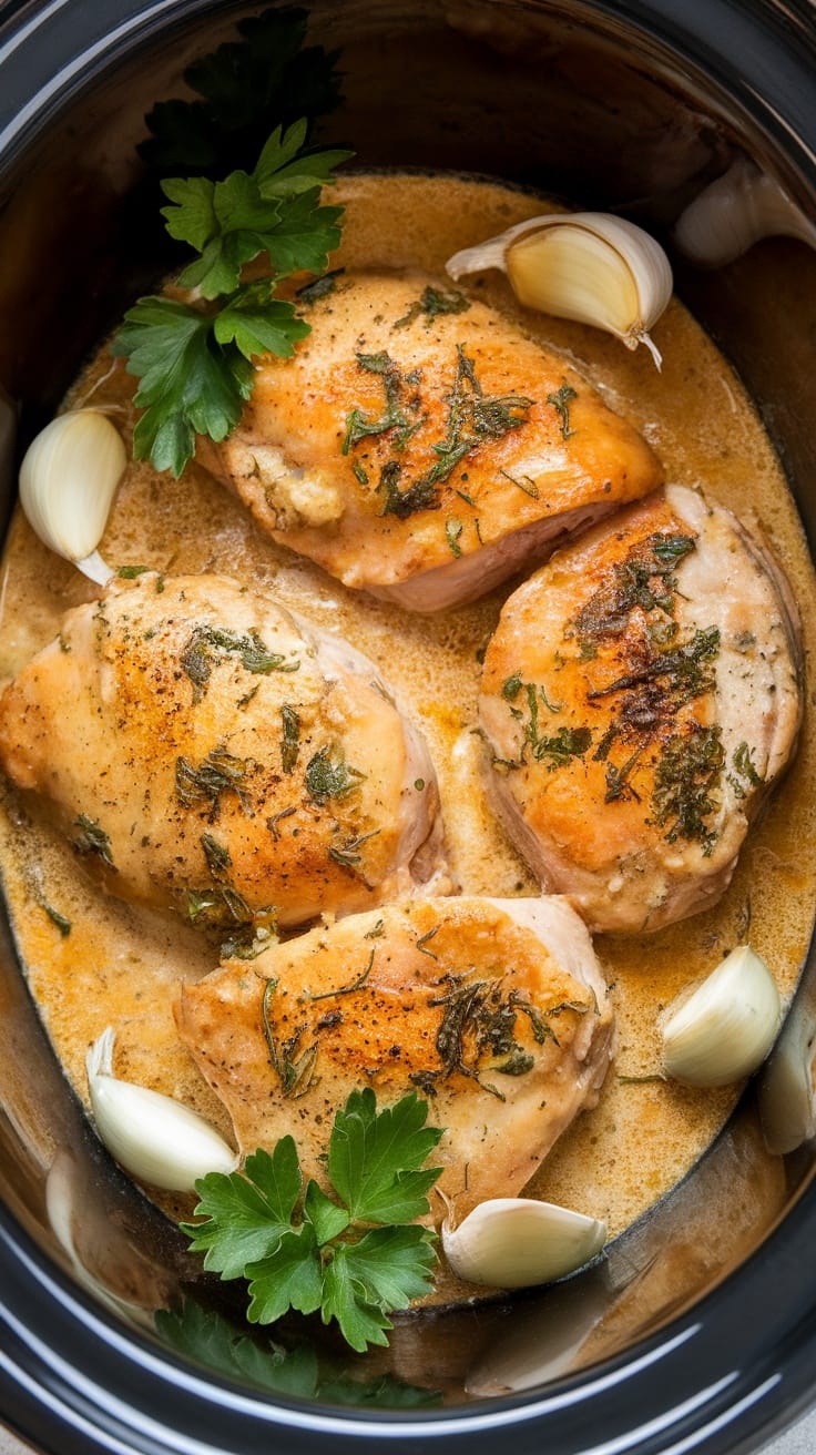 Crockpot creamy garlic parmesan chicken with herbs and garlic cloves.