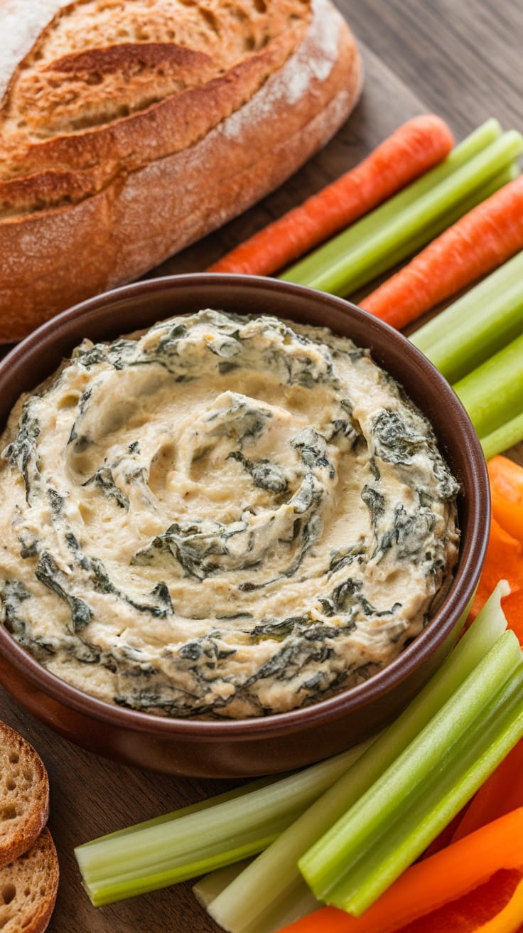 Creamy spinach and artichoke dip served with vegetables and bread.