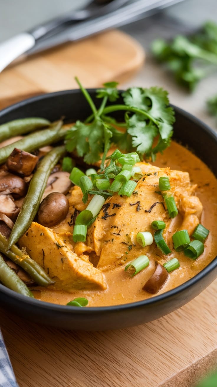 A bowl of curried coconut chicken stew with green beans and mushrooms, garnished with cilantro and green onions.