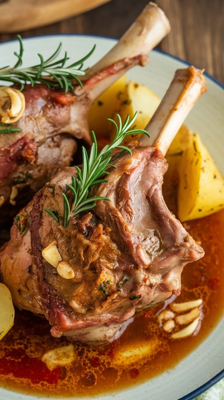 Slow-cooked garlic and herb lamb shanks served with potatoes.
