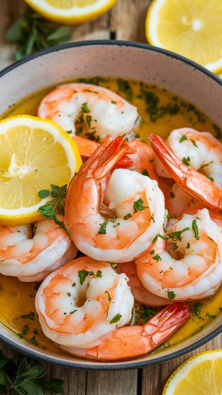 A bowl of herbed lemon butter shrimp with lemon slices and herbs