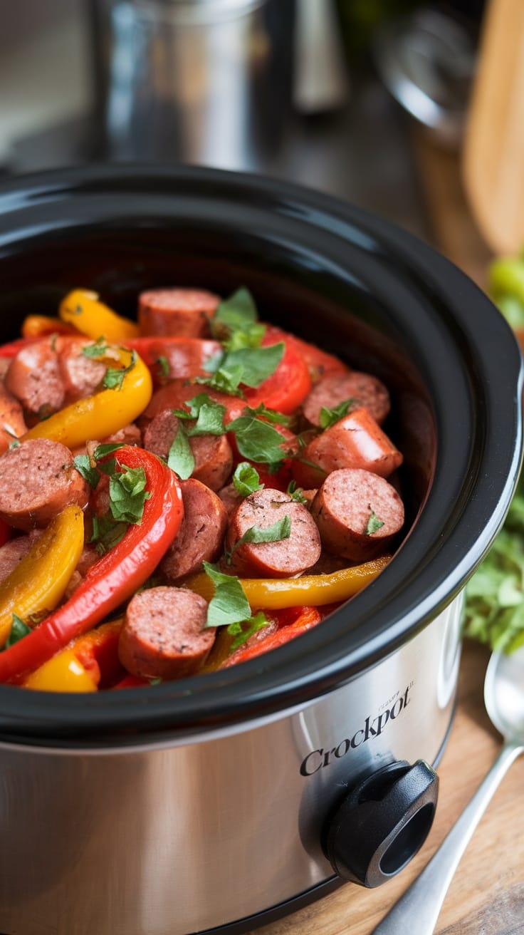 A crockpot filled with sliced Italian sausage and colorful bell peppers, garnished with fresh herbs.