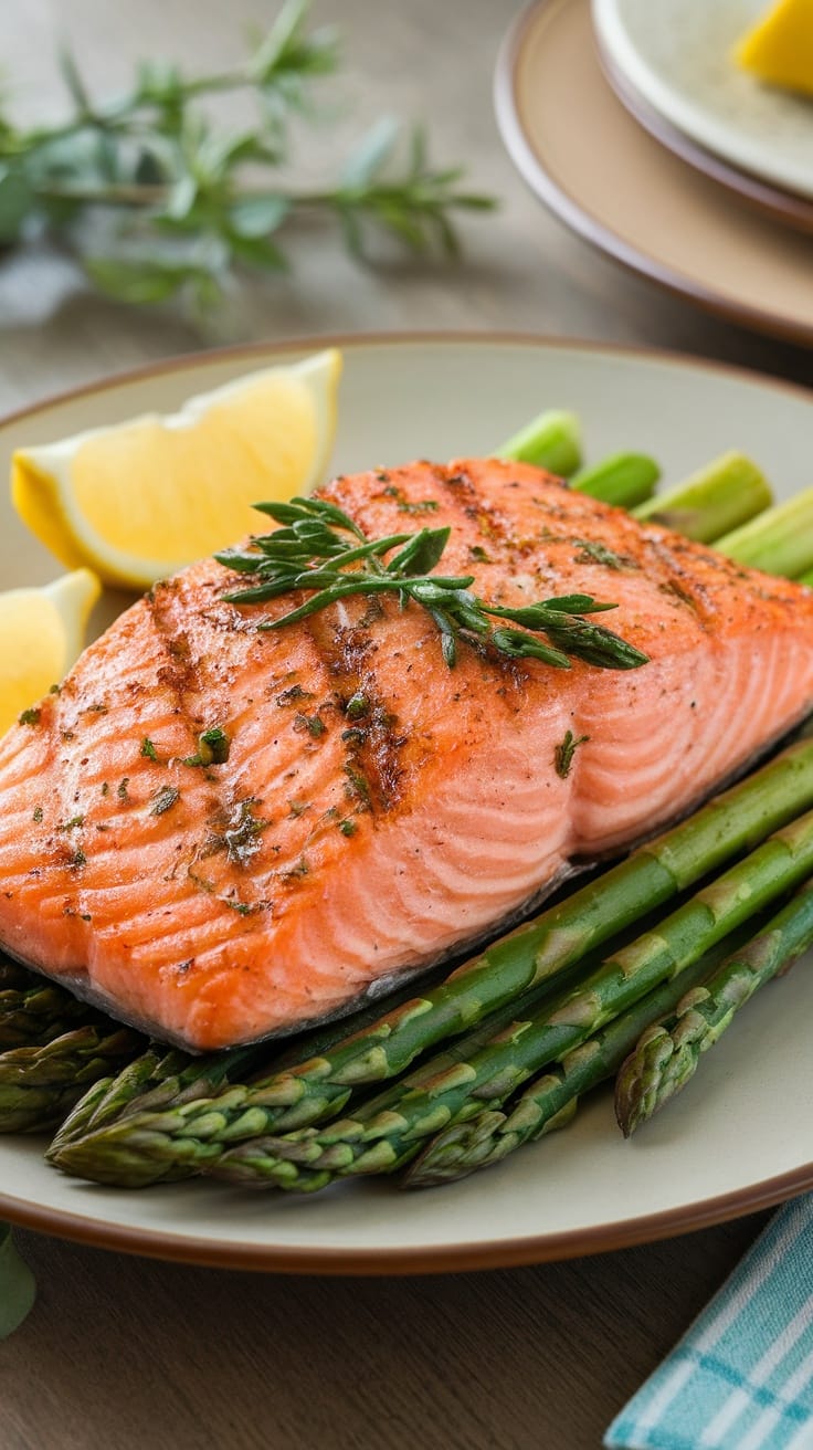 Grilled salmon fillet with herbs on a plate, served with asparagus and lemon wedges