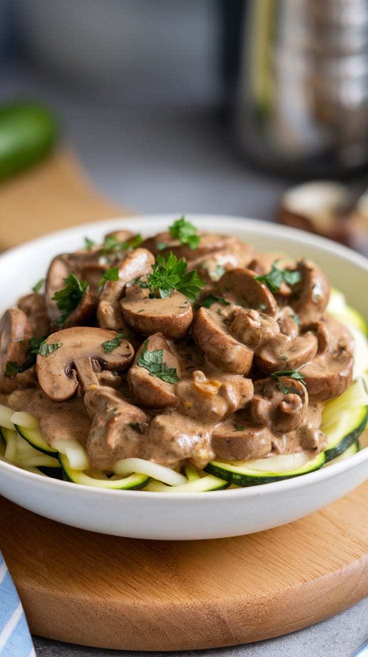 A bowl of low-carb beef stroganoff with mushrooms and zucchini noodles, garnished with parsley.