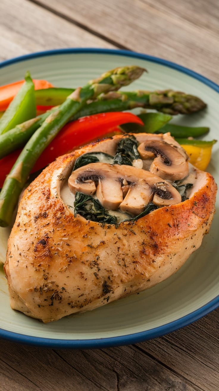 A plate featuring mushroom and spinach stuffed chicken with asparagus and bell peppers.