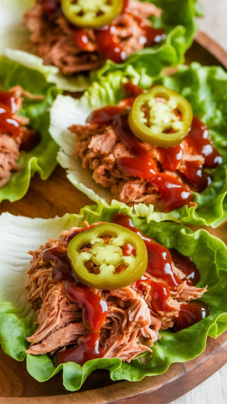 Pulled pork served in lettuce wraps topped with jalapeños and sauce
