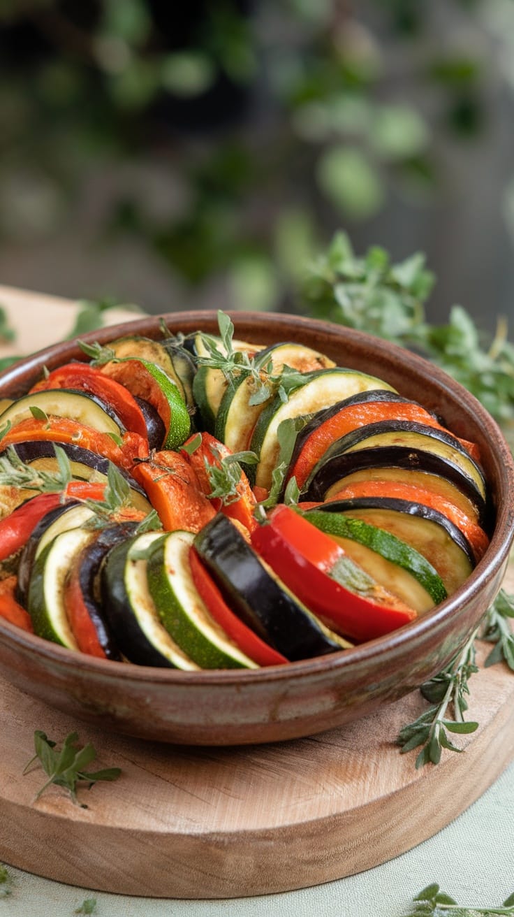 A bowl of colorful ratatouille made with zucchini, eggplant, and bell peppers, garnished with fresh herbs.
