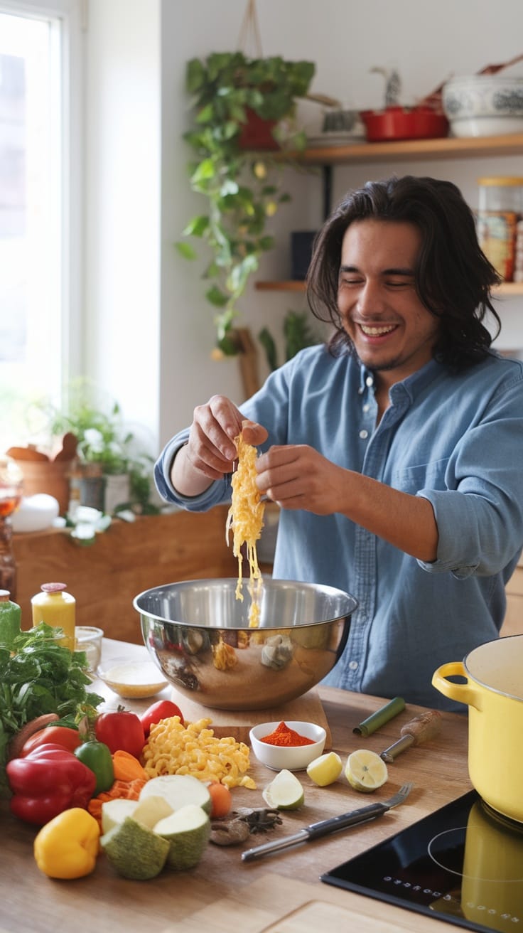 A person happily preparing ingredients for mac and cheese in a bright kitchen.