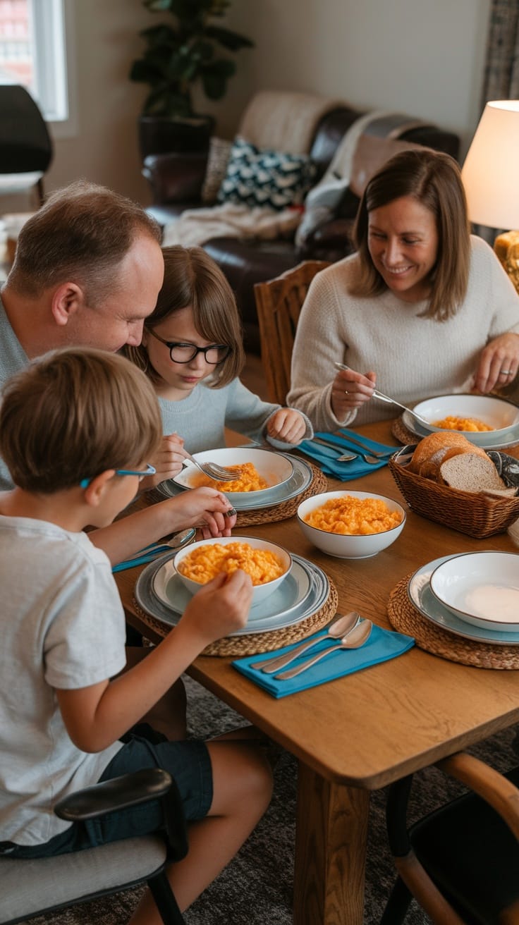 A family enjoying bowls of mac and cheese together at a dining table.
