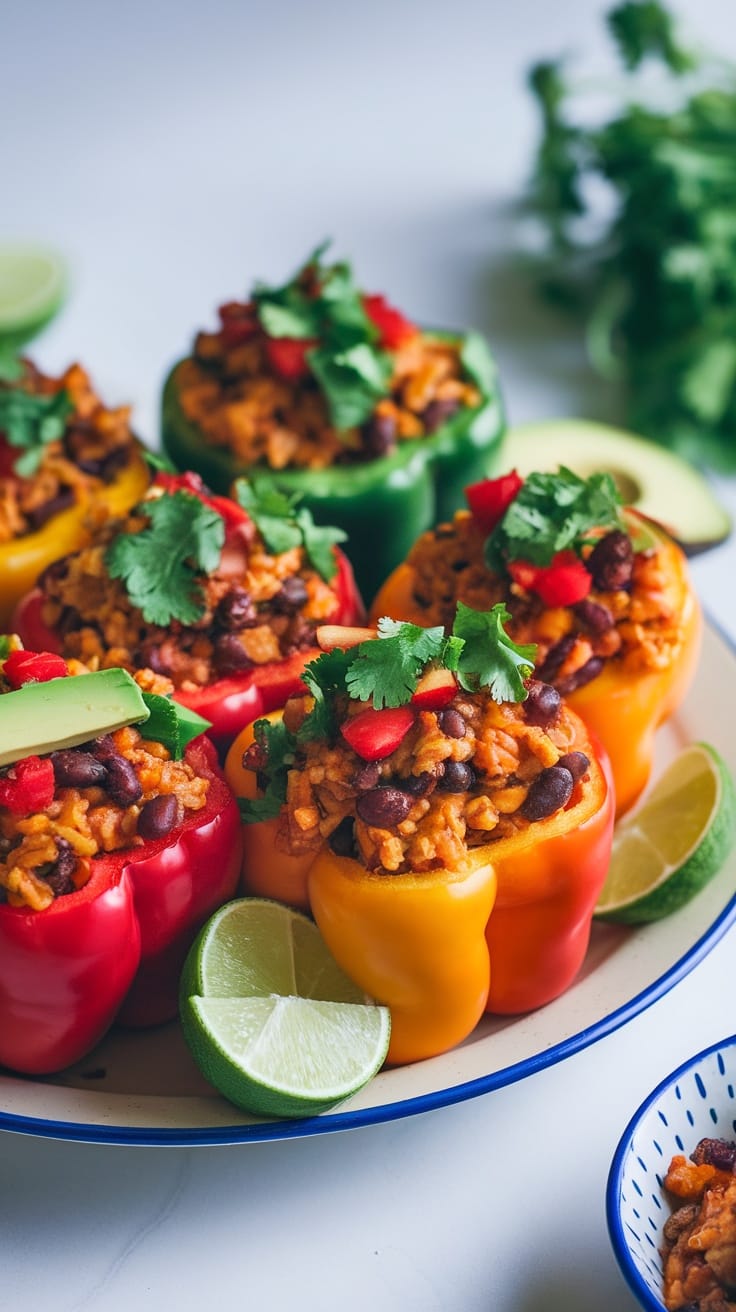 Colorful stuffed peppers filled with rice, beans, and topped with herbs.