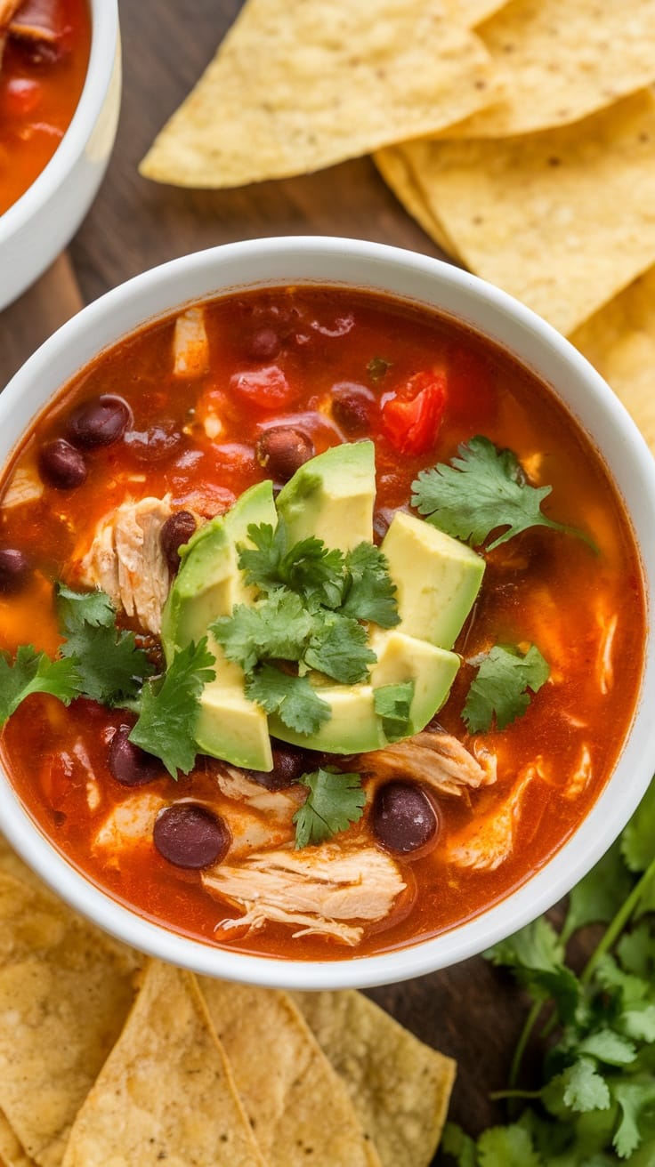A bowl of spicy chicken taco soup topped with avocado and cilantro, accompanied by tortilla chips.