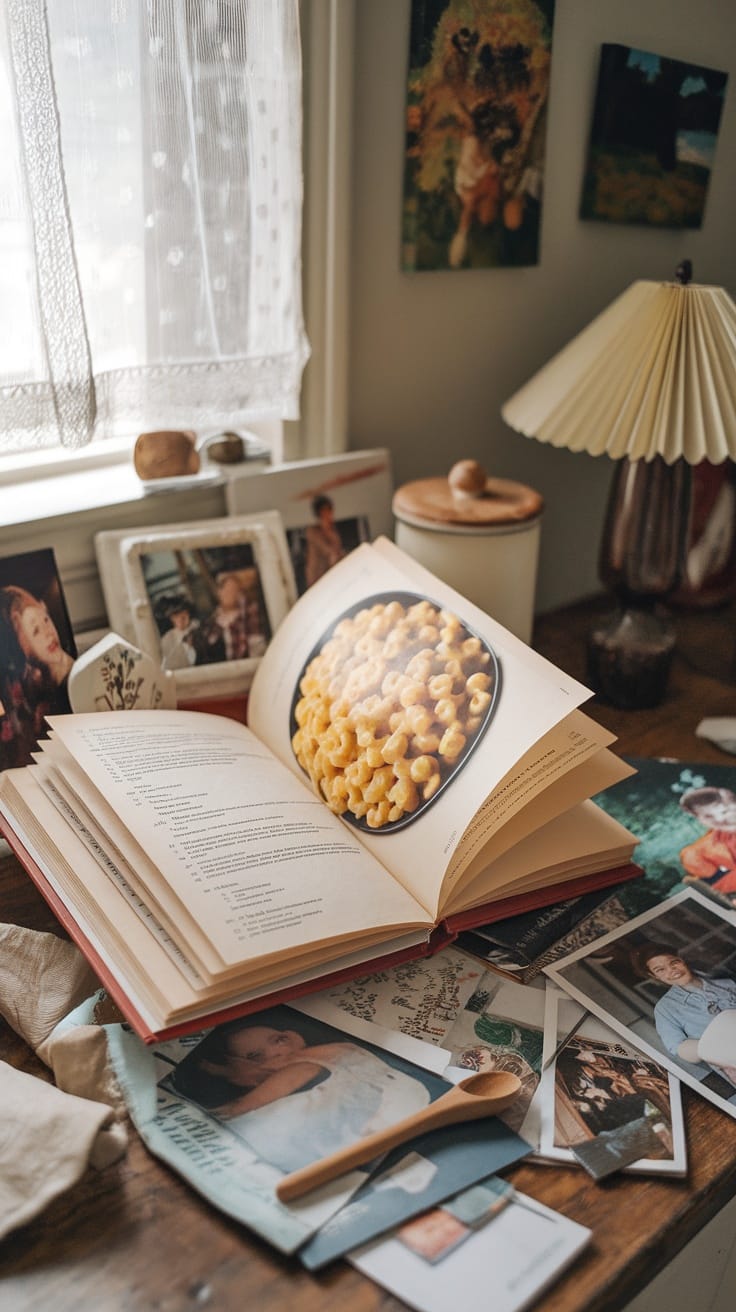 Open cookbook with a mac and cheese recipe, surrounded by family photos and a cozy atmosphere.
