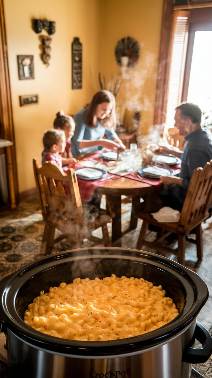 A delicious crockpot of mac and cheese with a family enjoying dinner together.