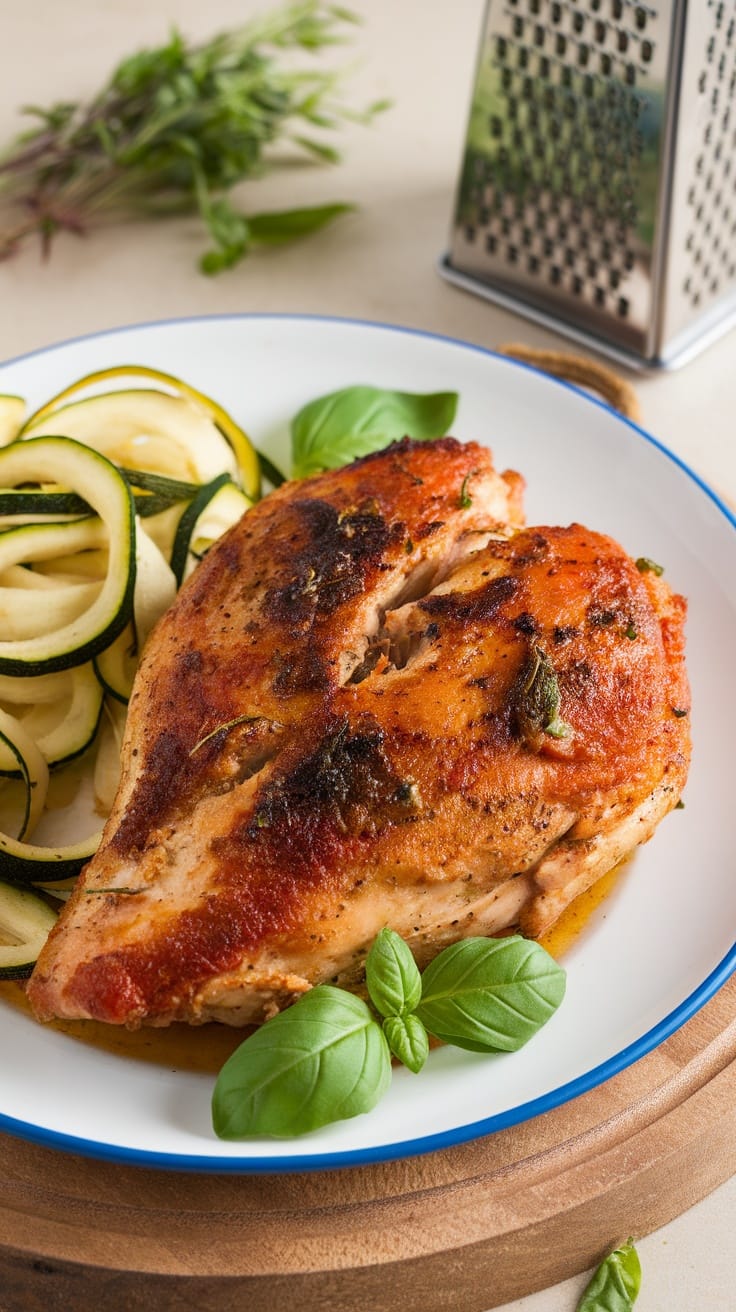 Crockpot Tomato Basil Chicken served with zoodles and basil on a plate.