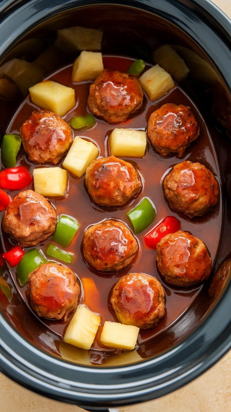 BBQ meatballs with pineapple in a crockpot