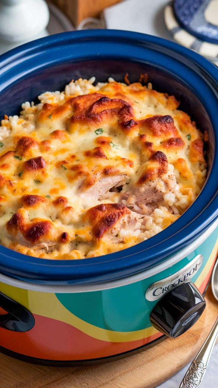 A colorful crockpot filled with cheesy chicken and rice casserole.