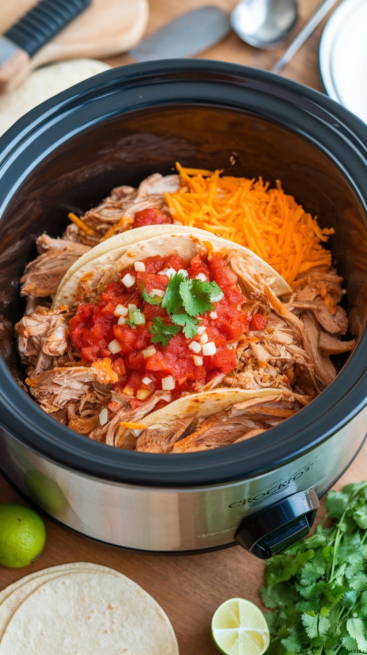 Crockpot chicken tacos with toppings
