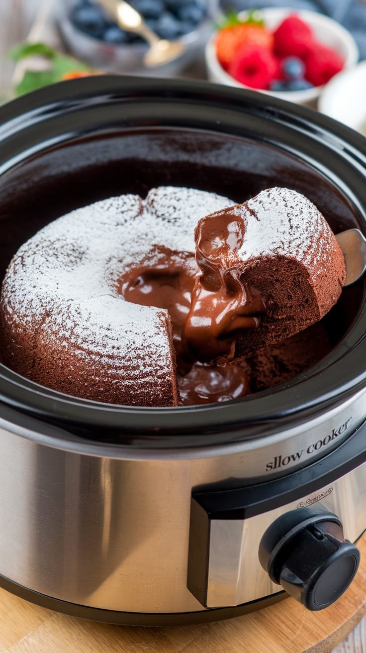 A delicious chocolate lava cake served from a crockpot.