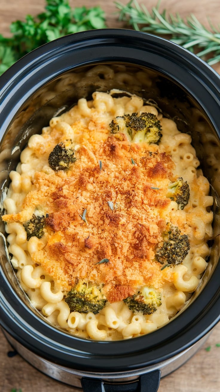 A creamy macaroni and cheese with broccoli topped with breadcrumbs.