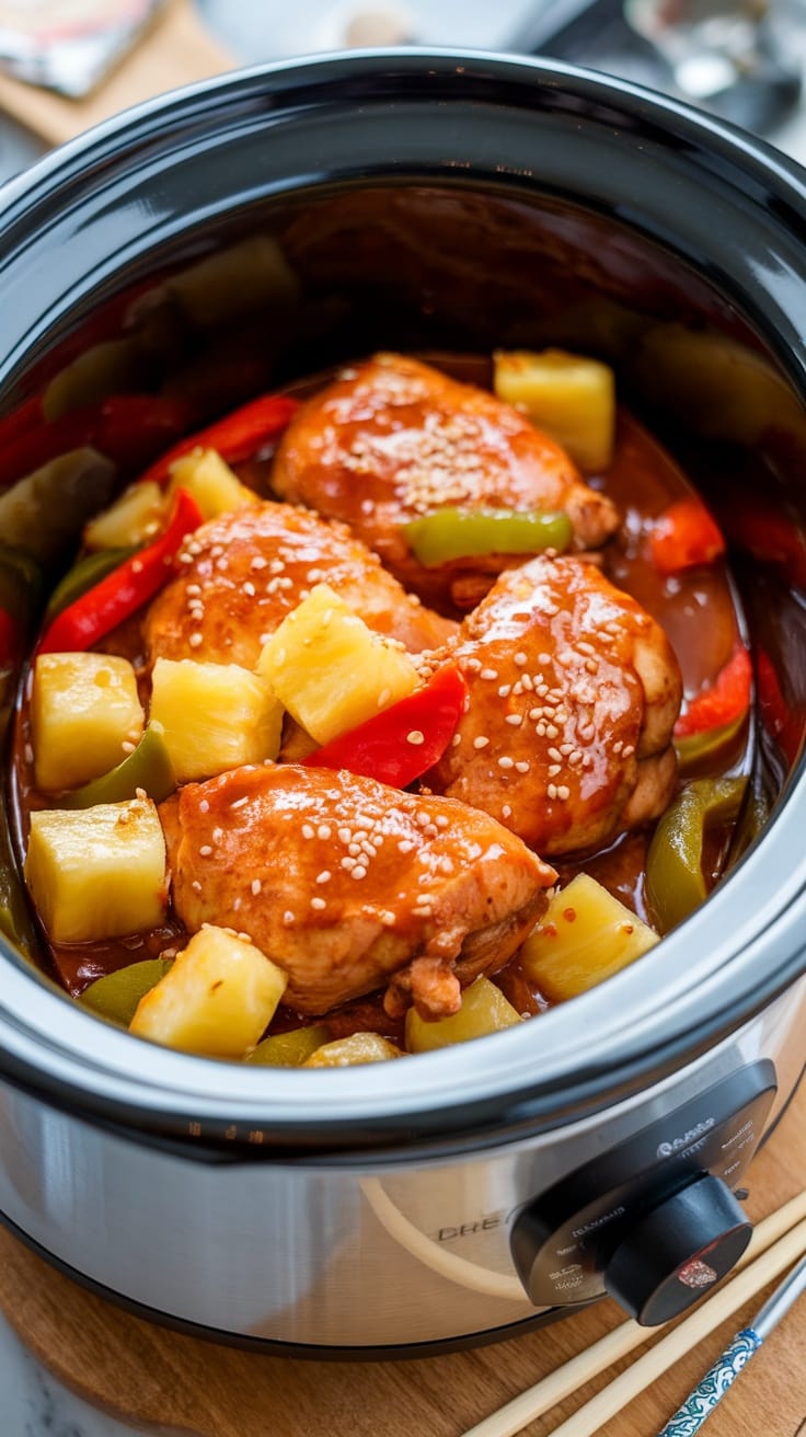 A delicious serving of sweet and sour chicken in a crockpot with colorful vegetables.