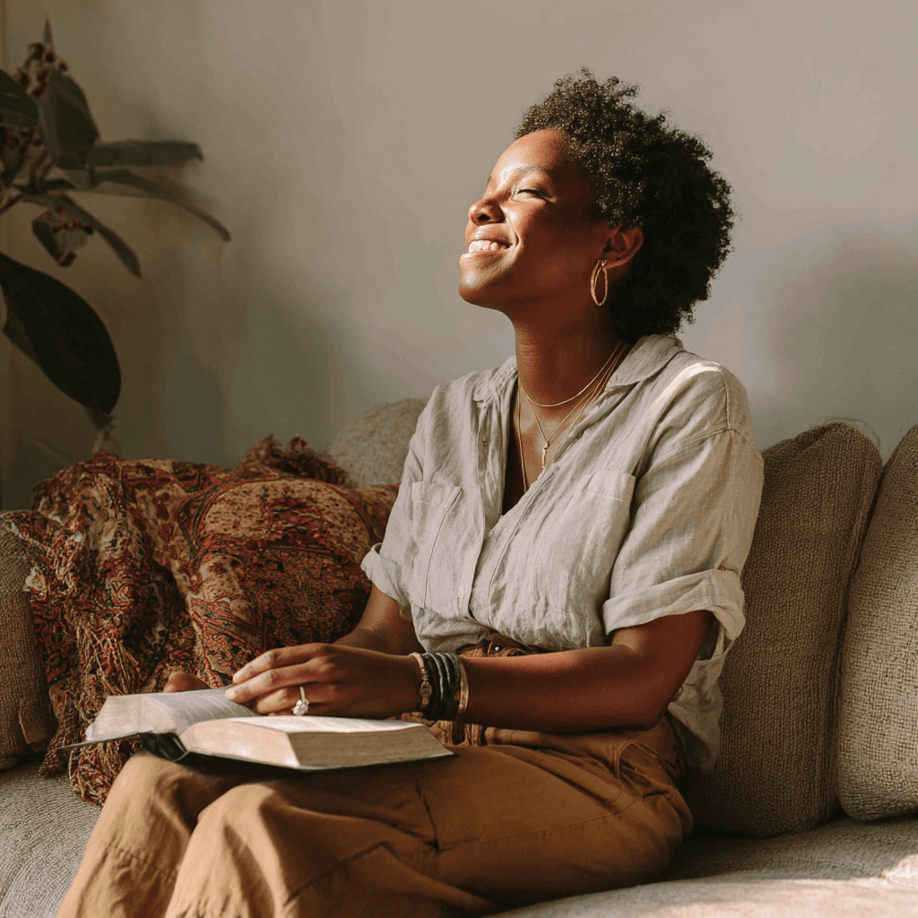 woman happy reading her bible
